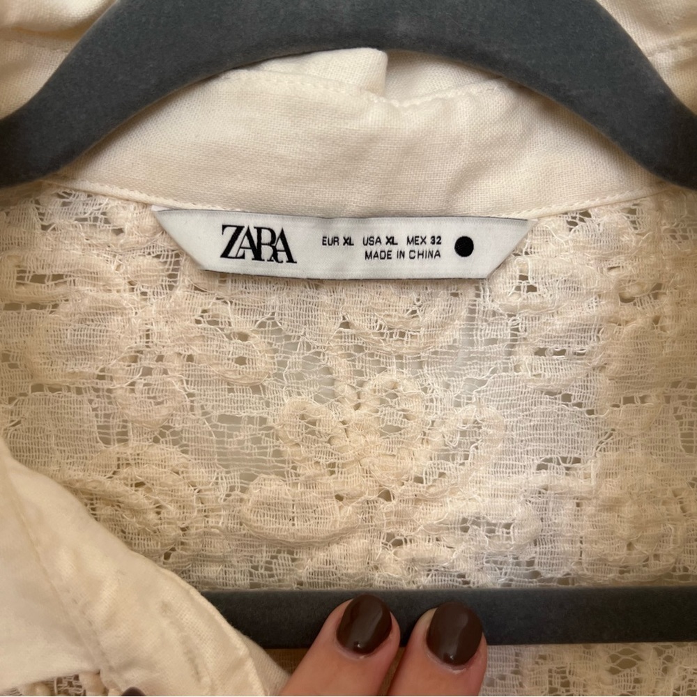 Zara Floral Lace Embroidered Button-Down Top XL — Long Sleeve — Boho Blouse - Picture 4 of 5